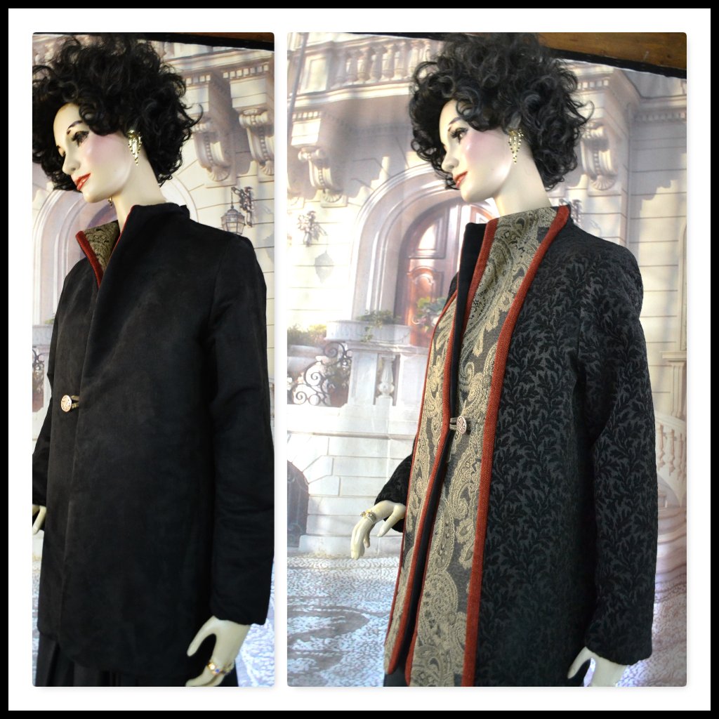 Coat Artisan Hand Crafted Sz 8 Velvet Brocade Woven Trim Reverses To Black Suede